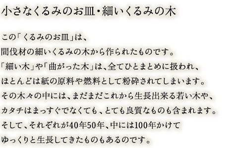 
			 小さなくるみのお皿・細いクルミの木この「くるみのお皿」は、間伐材の細いくるみの木から作られたものです。
「細い木」や「曲がった木」は、全てひとまとめに扱われ、
ほとんどは紙の原料や燃料として粉砕されてしまいます。
その木々の中には、まだまだこれから生長出来る若い木や、
カタチはまっすぐでなくても、とても良質なものも含まれます。
そして、それぞれが４０年５０年、中には１００年かけて
ゆっくりと生長してきたものもあるのです。