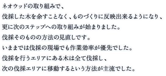 
			 ネオウッドの取り組みで、
伐採した木を余すことなく、ものづくりに反映出来るようになり、
更に次のステップへの取り組みが始まりました。
伐採そのものの方法の見直しです。
いままでは伐採の現場でも作業効率が優先でした。
伐採を行うエリアにある木は全て伐採し、
次の伐採エリアに移動するという方法が主流でした。
