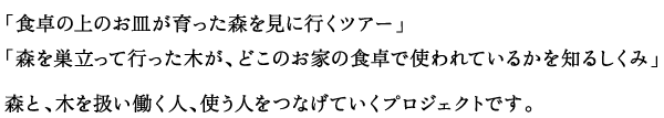 「食卓の上のお皿が育った森を見に行くツアー」
「森を巣立って行った木が、どこのお家の食卓で使われているかを知るしくみ」

森と、木を扱い働く人、使う人をつなげていくプロジェクトです。